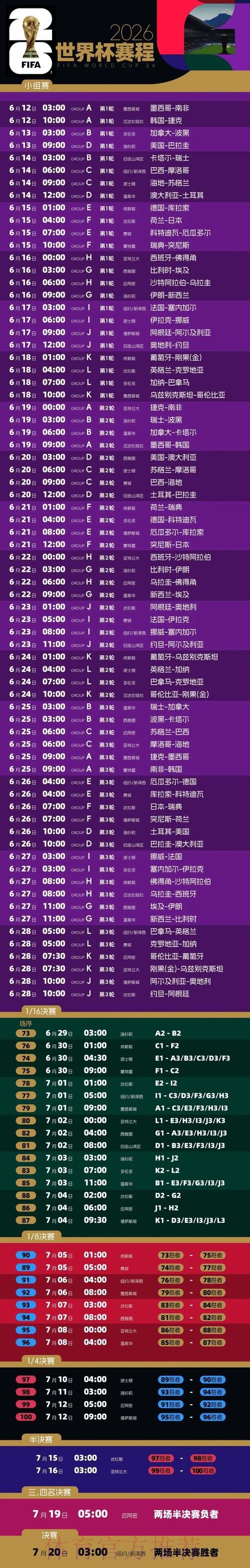 2026世界杯每日赛程官方发布实时赛程在哪里看